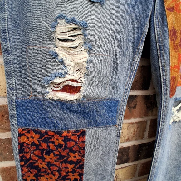Free People We The Free Belladonna Patchwork Bootcut Jeans Boho Distressed Denim - Picture 6 of 14